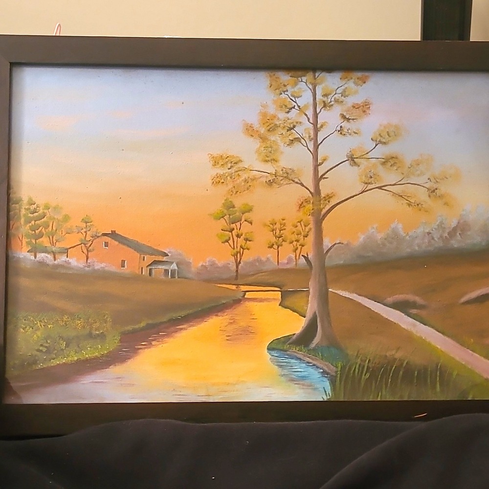 Original Framed Signed Oil Painting Realist Style Large Canvas Landscape Antique